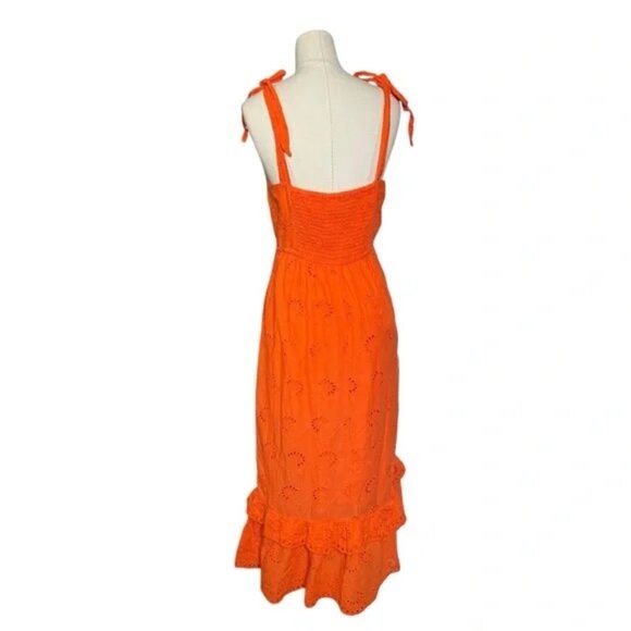 TAYLOR - Orange Eyelet Midi Dress – Tie Strap Sundress, Ruffle Hem, Summer Boho - Picture 4 of 6